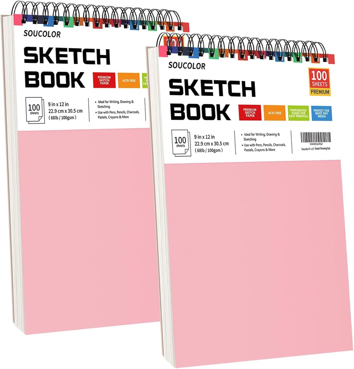 2-Pack 100 Sheets Spiral Bound Art Sketchbook, Acid Free, 9" x 12" Sketch Book